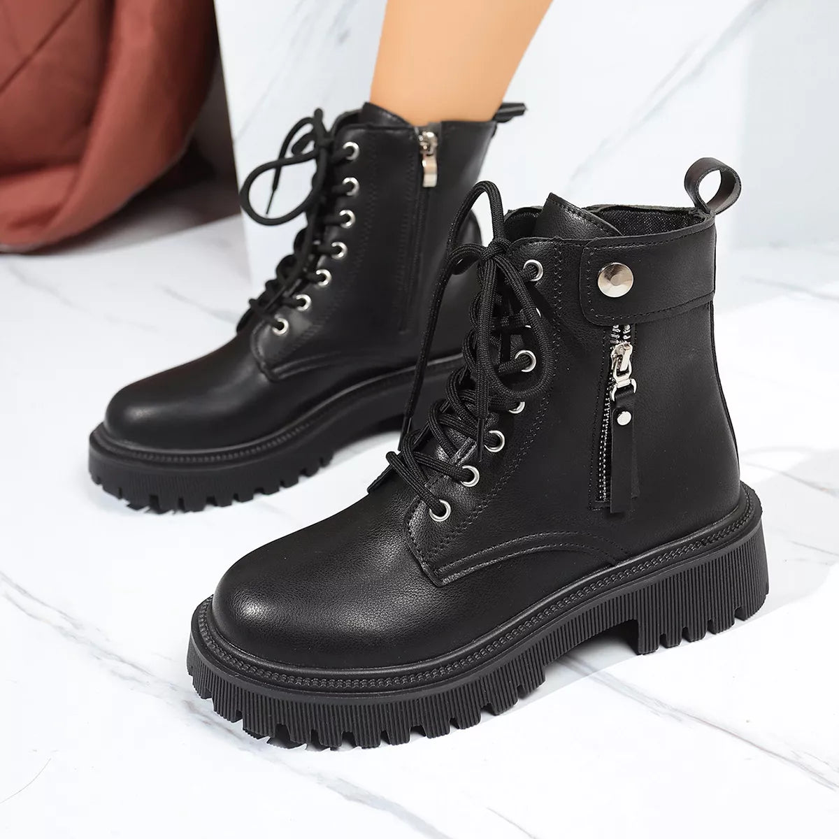 Black Round Toe Block Heel Ankle Boots — Comfortable Mid Heel, EU 35-42