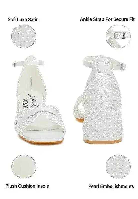 White Pearl Bridal Sandals — Low Block Heel, Bride & Bridesmaid, US 5-10