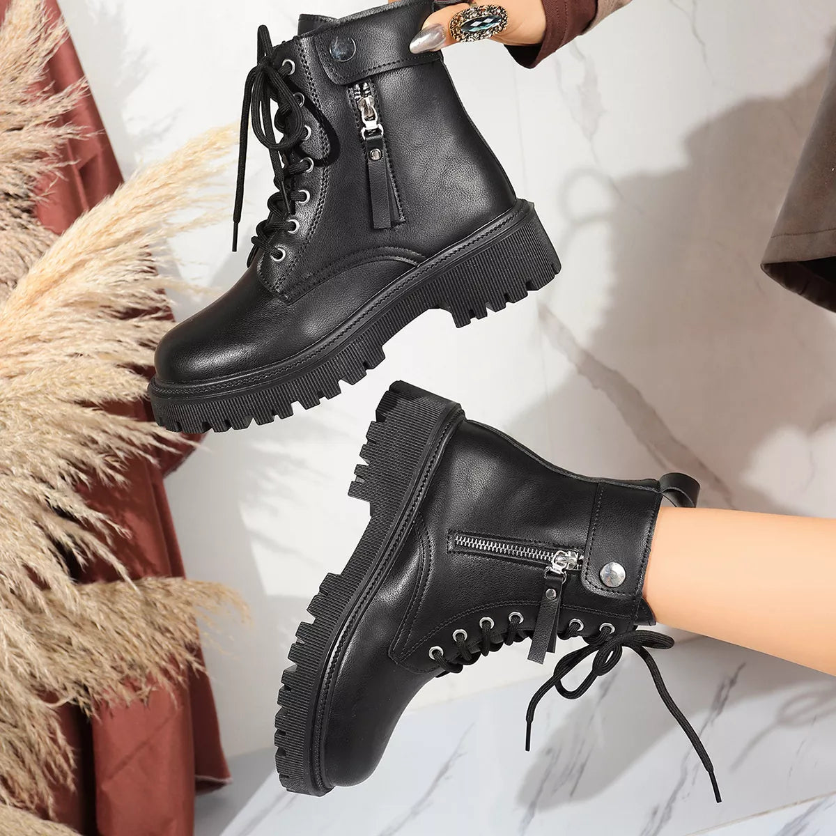 Black Round Toe Block Heel Ankle Boots — Comfortable Mid Heel, EU 35-42