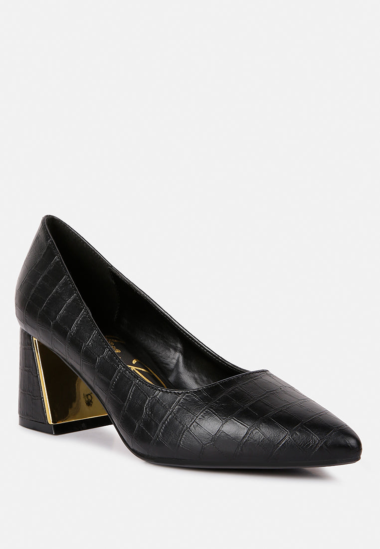 Black Green Croc Closed Toe Block Heel Pumps — Work & Wedding Guest, US 5-10