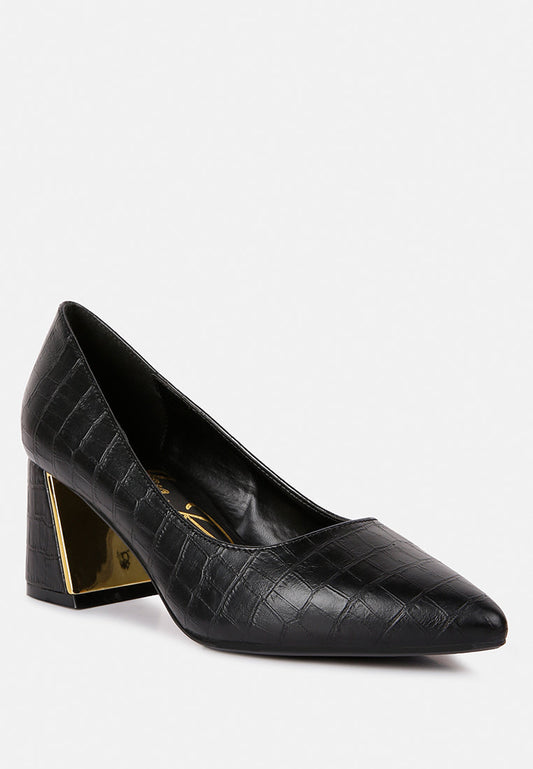 Black Green Croc Closed Toe Block Heel Pumps — Work & Wedding Guest, US 5-10