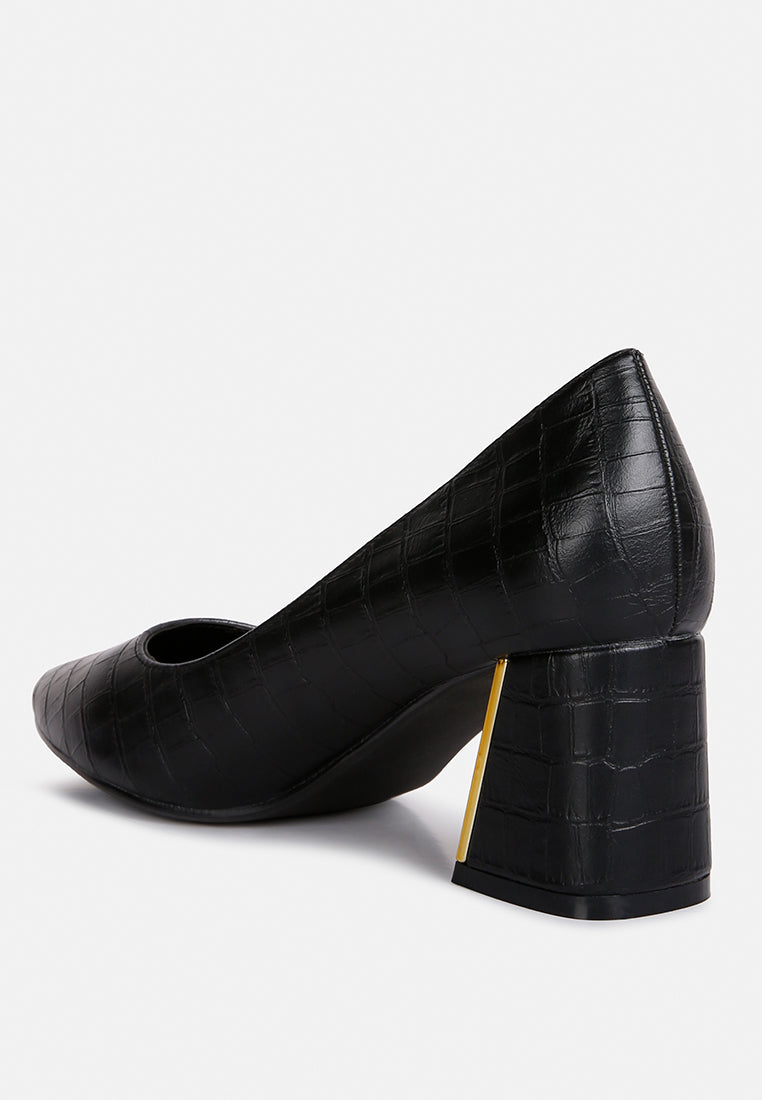 Black Green Croc Closed Toe Block Heel Pumps — Work & Wedding Guest, US 5-10