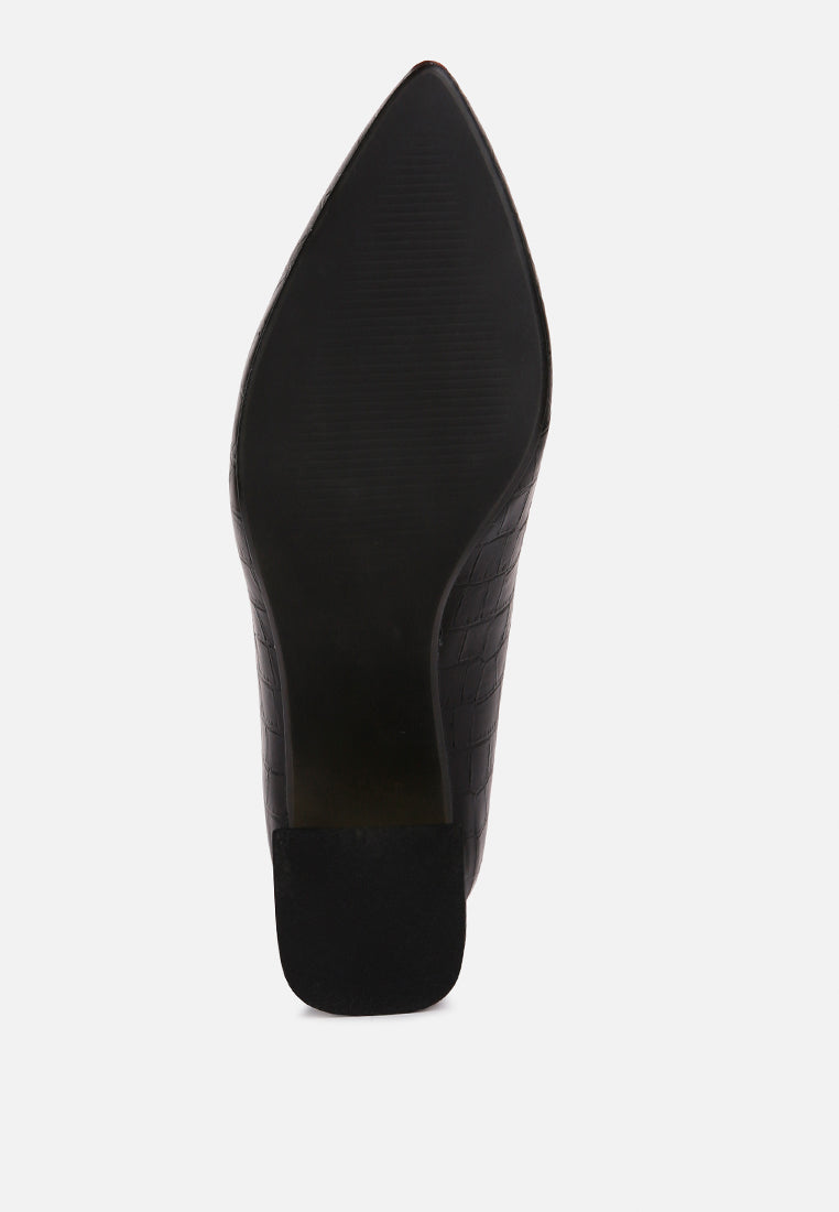 Black Green Croc Closed Toe Block Heel Pumps — Work & Wedding Guest, US 5-10