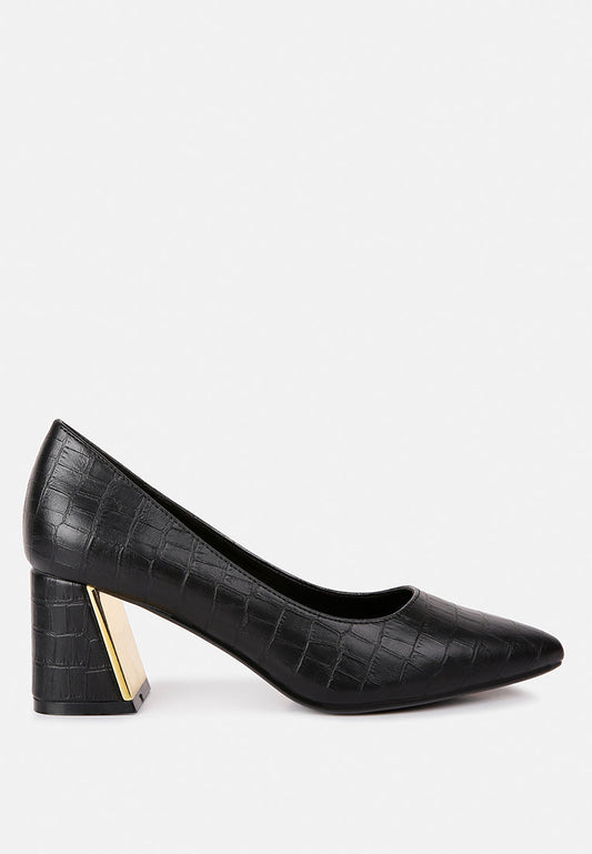 Black Green Croc Closed Toe Block Heel Pumps — Work & Wedding Guest, US 5-10