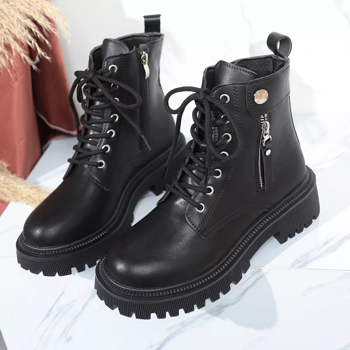 Black Round Toe Block Heel Ankle Boots — Comfortable Mid Heel, EU 35-42