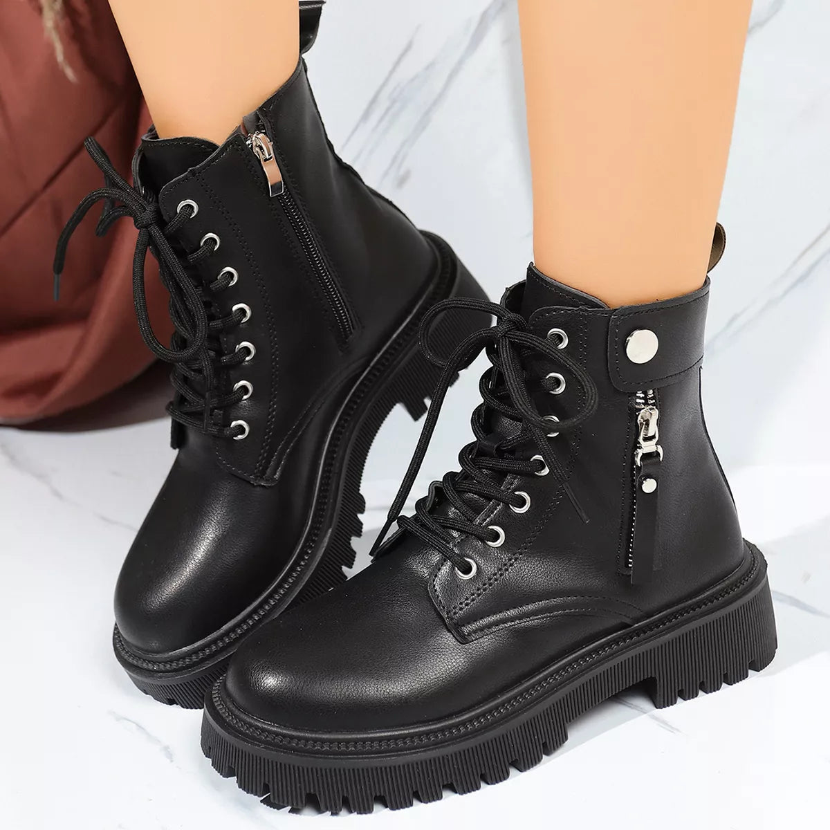 Black Round Toe Block Heel Ankle Boots — Comfortable Mid Heel, EU 35-42