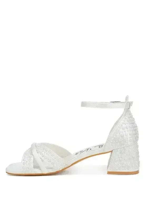 White Pearl Bridal Sandals — Low Block Heel, Bride & Bridesmaid, US 5-10